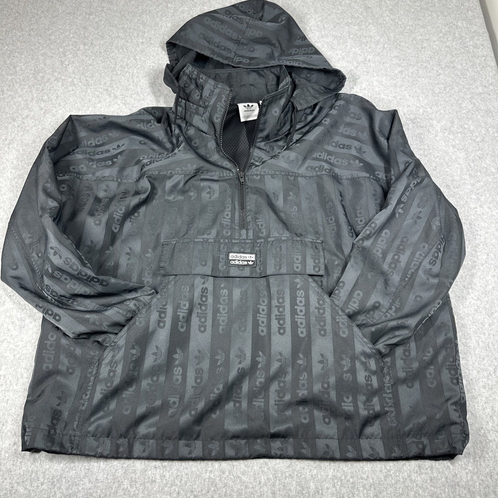 Adidas Track Jacket & Pants Men's Medium Black Logo‎ All Over Print Hooded Lined - Picture 2 of 16